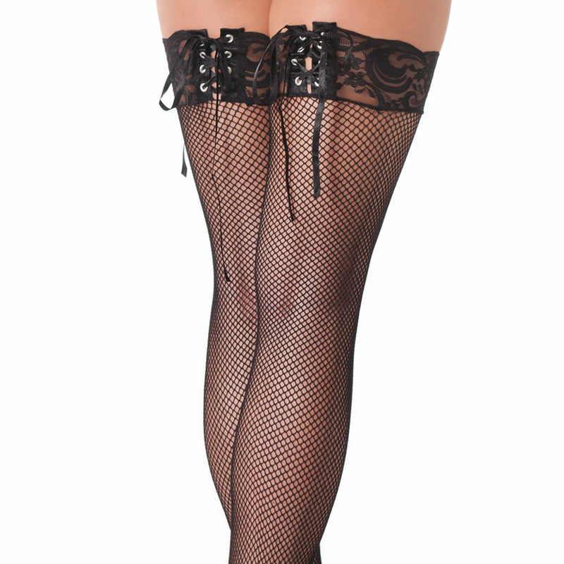 Black Fishnet Stockings With Lace Ribbon Tops image 1