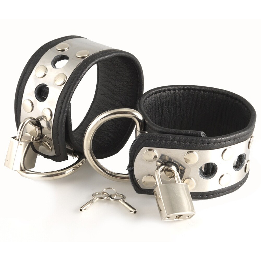 Leather Wrist Cuffs With Metal And Padlocks image 1